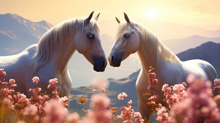 Obraz na płótnie Canvas Horses couple graze on mountains flowers field, sunlight background. loving horse couple kissing on among blooming meadow, love of two beautiful wild animals in hills