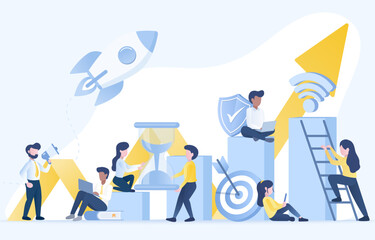 Business startup ideas concept. Activity of business people strategy planning, tactical management, competition, opportunity and goals business. Flat vector design illustration.