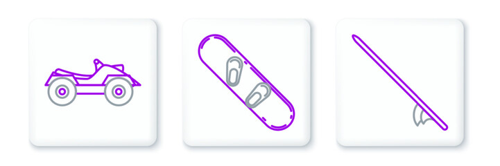 Set line Surfboard, All Terrain Vehicle or ATV motorcycle and Snowboard icon. Vector