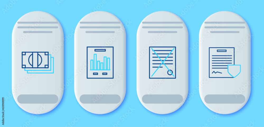 Poster set line document with graph chart, delete file document, stacks paper money cash and contract shiel