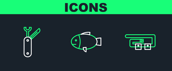 Set line Diving belt, Swiss army knife and Fish icon. Vector