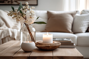 Modern house interior details. Simple cozy beige living room interior with white sofa, decorative pillows, wooden table with candles, glass vase with white flowers and natural decorations