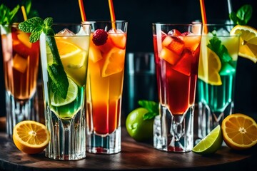 Refreshment multicolor fruit cocktail with ice, lemon and mint in a bar