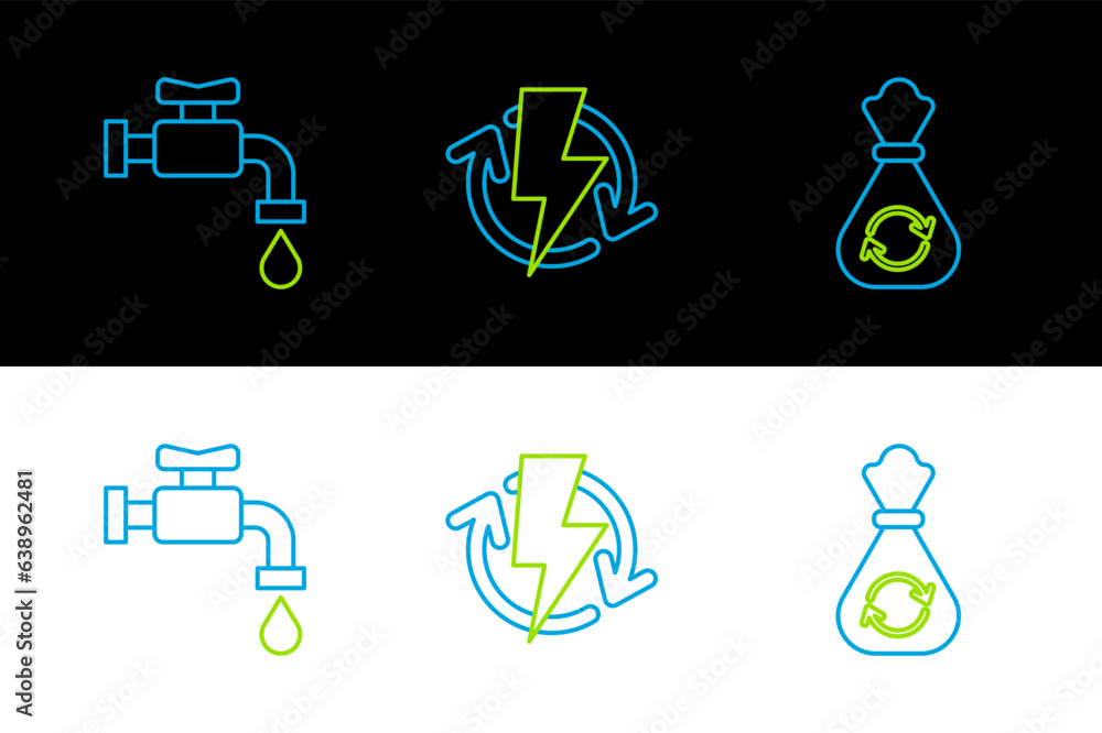 Sticker Set line Garbage bag with recycle, Water tap and Recharging icon. Vector