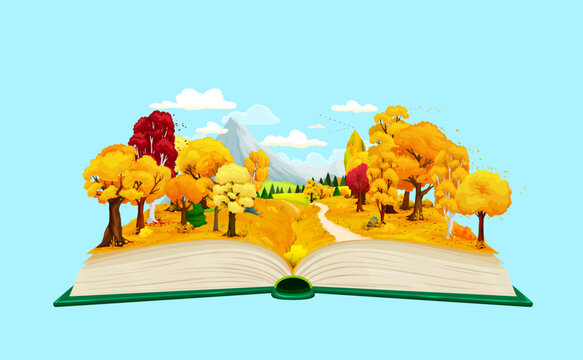 Cartoon opened book with autumn forest and mountains nature landscape. Vector magic book with fairytale fall season forest trees and plants, yellow fields, pathway and birds in blue sky