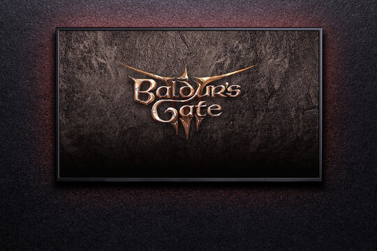 Baldurs Gate 3 game on TV on black textured wall with red light. Astana, Kazakhstan - August 3, 2023.