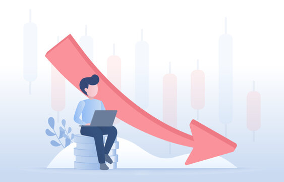 Financial business and analysis of investor decreasing expenses concept. Bankruptcy, cost decline reduction, decreasing arrow. Flat vector design illustration with copy space.