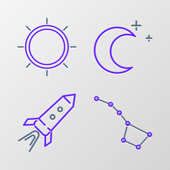 Set line Great Bear constellation, Rocket ship with fire, Moon and stars and Sun icon. Vector