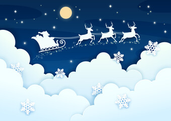Christmas paper cut greeting with Santa sleigh silhouette on night cloudy sky. Vector xmas holiday papercut art with father Noel rides reindeer sled over cloudscape with layered 3d fluffy cloud effect