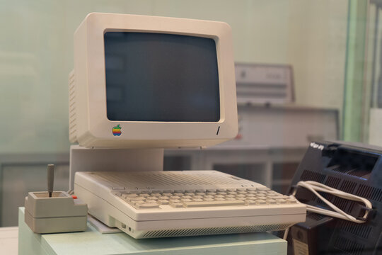APPLE first computer. Old display, keyboard and Poland, Warsaw - July 28, 2023.