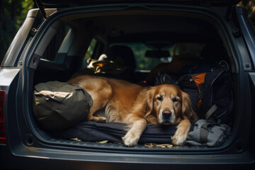 Cute dog sleeping in car trunk. Road trip with pet on summer vacation