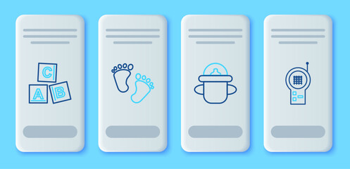 Set line Baby footprints, bottle, ABC blocks and Monitor Walkie Talkie icon. Vector