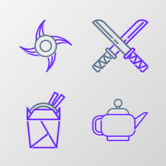 Set line Japanese tea ceremony, Asian noodles in paper box and chopsticks, Traditional katana and ninja shuriken icon. Vector