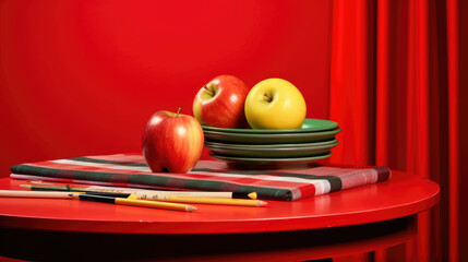 World Teachers Day image with apples, books and pencils on table and red background