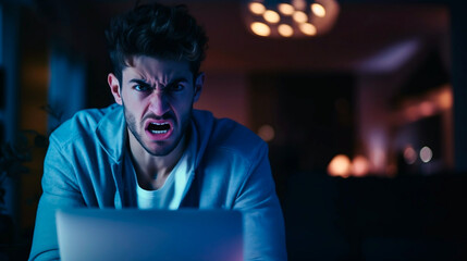 Young digital influencer angry in front of his computer.