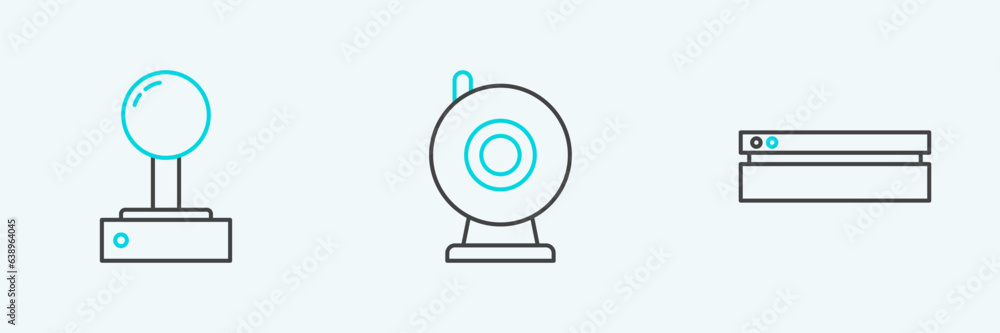 Poster set line video game console, joystick for arcade machine and web camera icon. vector