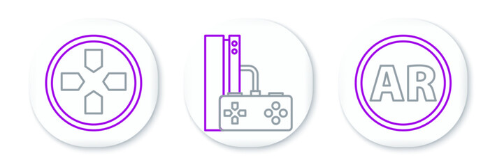 Set line Ar, augmented reality, Gamepad and console with joystick icon. Vector
