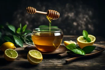 Fototapeten A cup of  honey and sour green tea with lemon © Arqumaulakh50