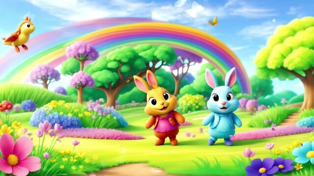 bunny character singing in a beautiful garden with a pretty rainbow and clear sky, suitable for kids music background, loop video, 4k