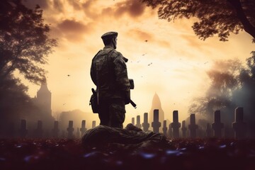 Fototapeta premium Back view of a grieving uniformed soldier in front of the graves of his fallen friends in arms on Veterans Day.