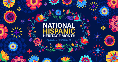 National Hispanic heritage month banner with flowers pattern ornament, vector background. Latin America art, culture and traditions of Hispanic heritage in huichol with tropical floral decoration