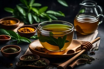 Obraz na płótnie Canvas A cup of honey and sour green tea with lemon