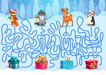 Christmas kids labyrinth maze game. Help to animals find a gifts. Find way kids quiz, search path from labyrinth vector game worksheet with fox, raccoon and deer, penguin Christmas funny characters