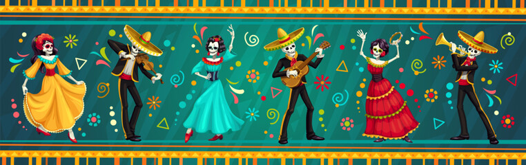 Fototapeta na wymiar Mexican Dia de Los Muertos holiday characters with catrina calavera skull and mariachi musicians, vector banner. Dia de los Muertos or Dead Day fiesta carnival music band in sombrero with guitars
