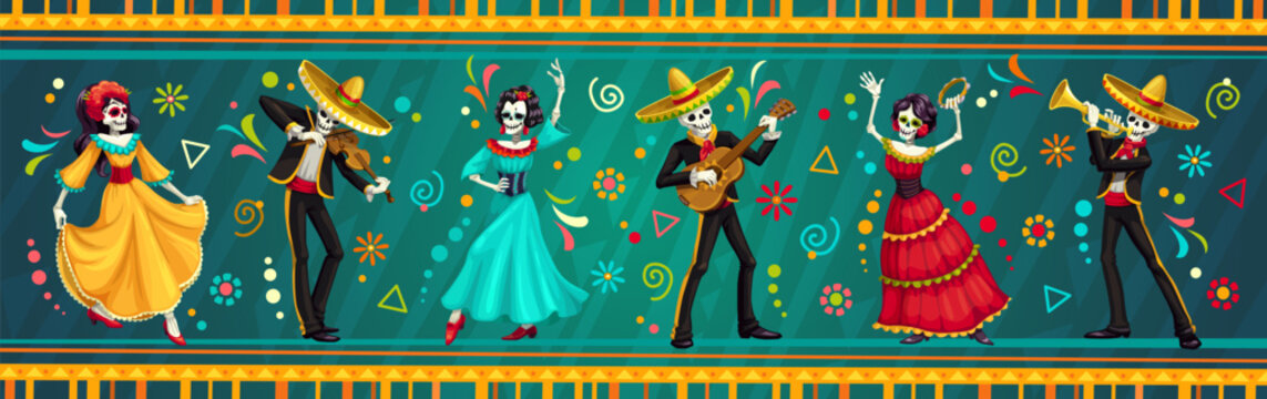 Mexican Dia de Los Muertos holiday characters with catrina calavera skull and mariachi musicians, vector banner. Dia de los Muertos or Dead Day fiesta carnival music band in sombrero with guitars