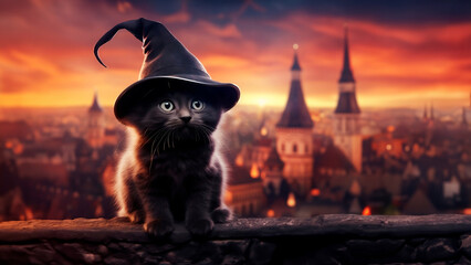 A cute black kitten in a witch's hat sits on the roof of the house next to candles at night against...