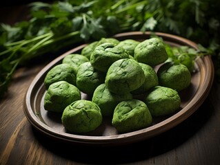 tray filled with Bracken starch dumplings, their refreshing green color contrasting strikingly against the dark wooden table