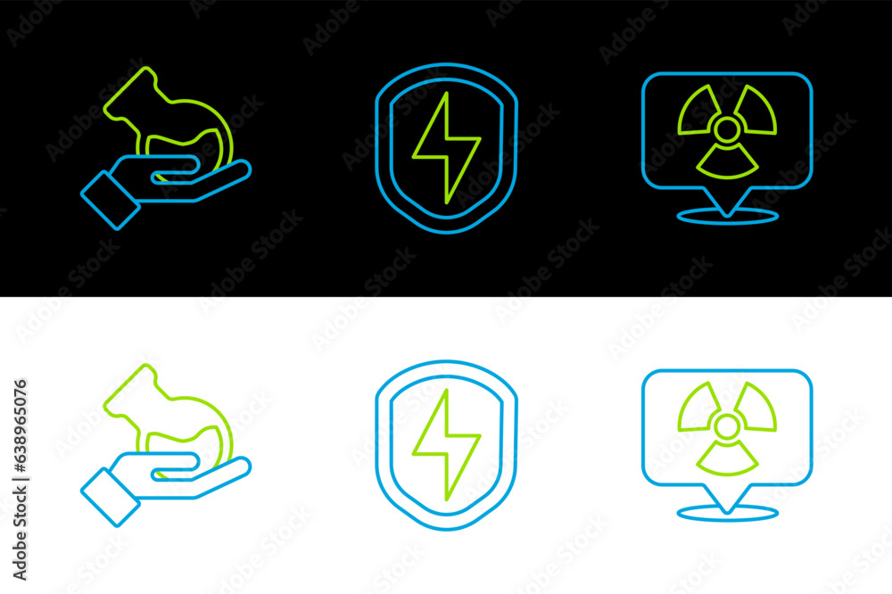 Poster set line radioactive in location, test tube and flask and secure shield with lightning icon. vector