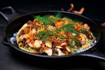 Japanese savory pancake loaded with seafood toppings and bonito flakes, served on a cast-iron skillet