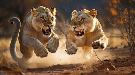 Ferocious Lionesses Engage in a Thrilling Wildlife Duel. Generative AI - obrazy, fototapety, plakaty