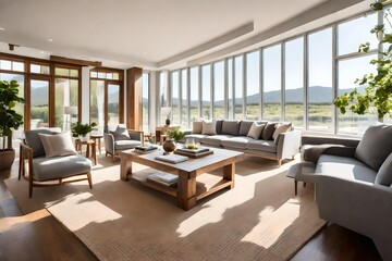 modern living room with fireplace, Interior of light living room with grey sofas, wooden armchair and coffee table