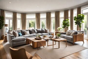 modern living room with fireplace, Interior of light living room with grey sofas, wooden armchair and coffee table