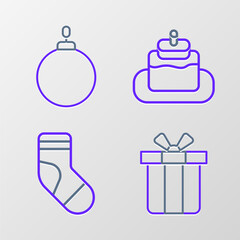 Set line Gift box, Christmas stocking, Cake and ball icon. Vector