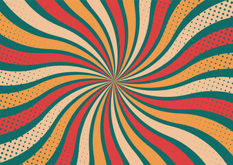 Pop art dotted comic style background with groovy twisted sunburst. Vector 70s illustration 