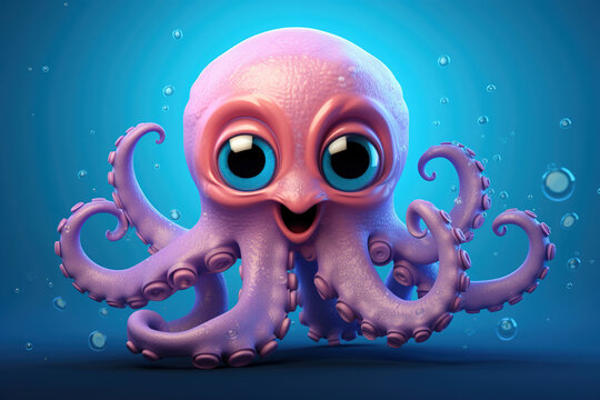 Cartoon character purple pink octopus 3d illustration for children generative ai