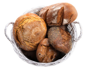 Basket with different kinds of bread Top view. Isolate on white background