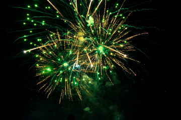 Beautiful green fireworks at night. Selective focus. 