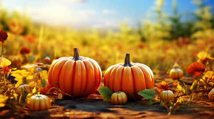 Orange pumpkin over beauty bright autumnal nature background. Harvest. Autumn Thanksgiving day background