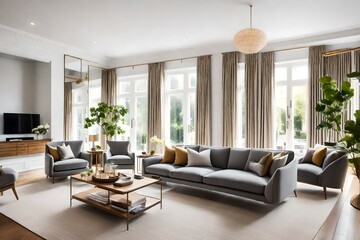 Fototapeta premium modern living room with fireplace, Interior of light living room with grey sofas, wooden armchair and coffee table