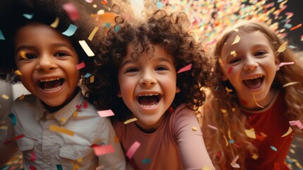 Happy children celebrate birthday together with confetti. Generative AI
