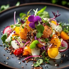 Gobo Salad with vibrant mixed vegetables, crispy gobo and sesame seed garnish on a ceramic plate