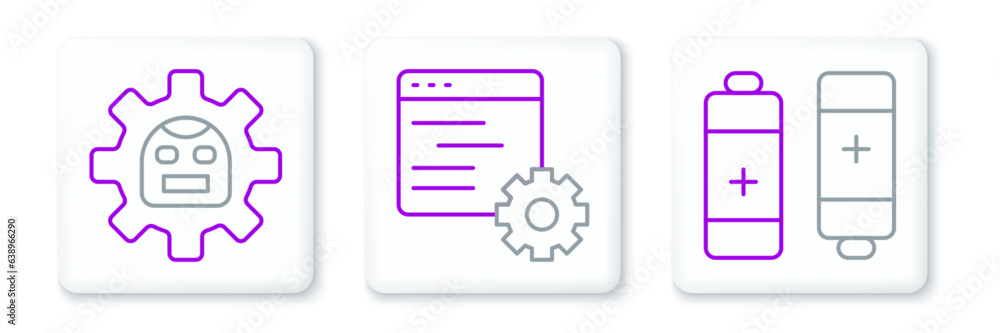 Poster set line battery, robot and computer api interface icon. vector