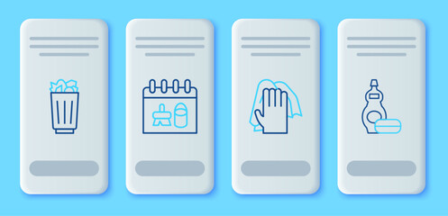 Set line Cleaning calendar, service, Full trash can and Dishwashing liquid bottle icon. Vector