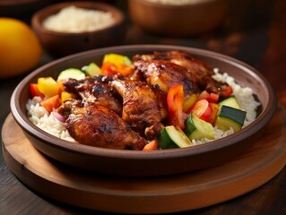 Teriyaki Chicken paired with a serving of steamed white rice and stir-fried vegetables on a bamboo mat