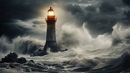 Fototapeta na wymiar Beacon Amidst Chaos, Lighthouse Enduring the Fury of Crashing Waves