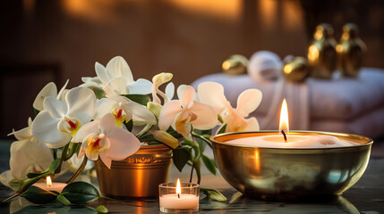 Obraz na płótnie Canvas Beauty Spa Retreat with Candles and Flowers